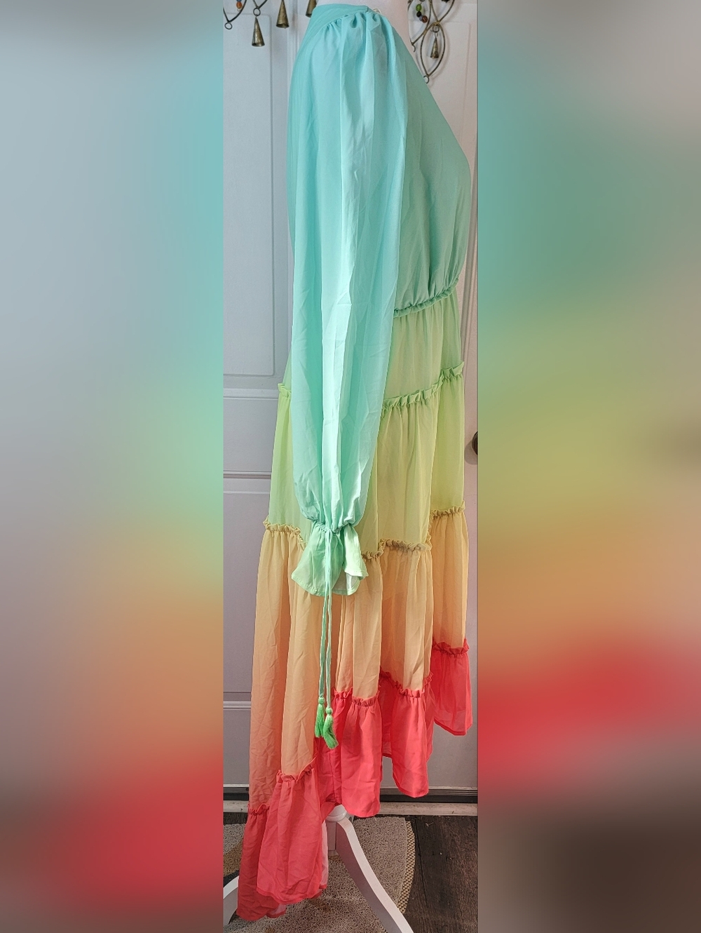 Champagne & Strawberry Tiered High Low Maxi Dress Womens S Pastel Ombre Long Sle - Picture 5 of 14